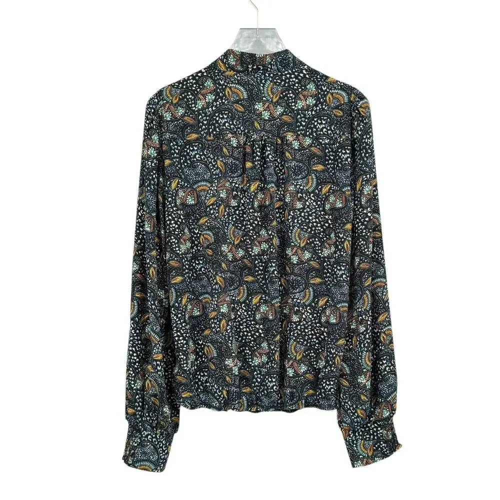 Evereve Charlie Neck Tie Teal Multicolor Printed Long Sleeve Chiffon Blouse - Picture 9 of 12